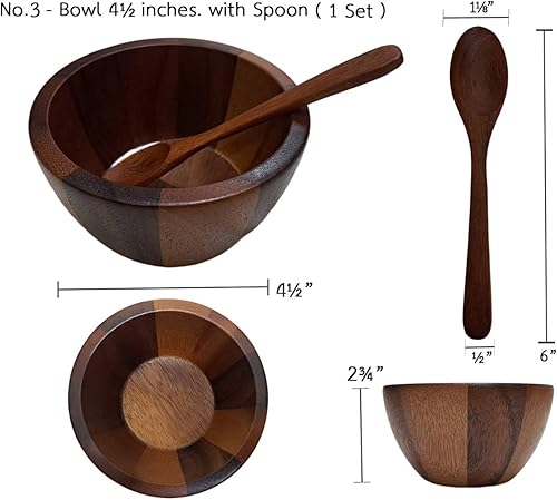 Miniatura 5 de Juego de 5 tazones redondos grandes de madera de acacia, 5 cuencos para servir de 12 pulgadas 8 pulgadas (2 piezas) 4 pulgadas 4 pulgadas con