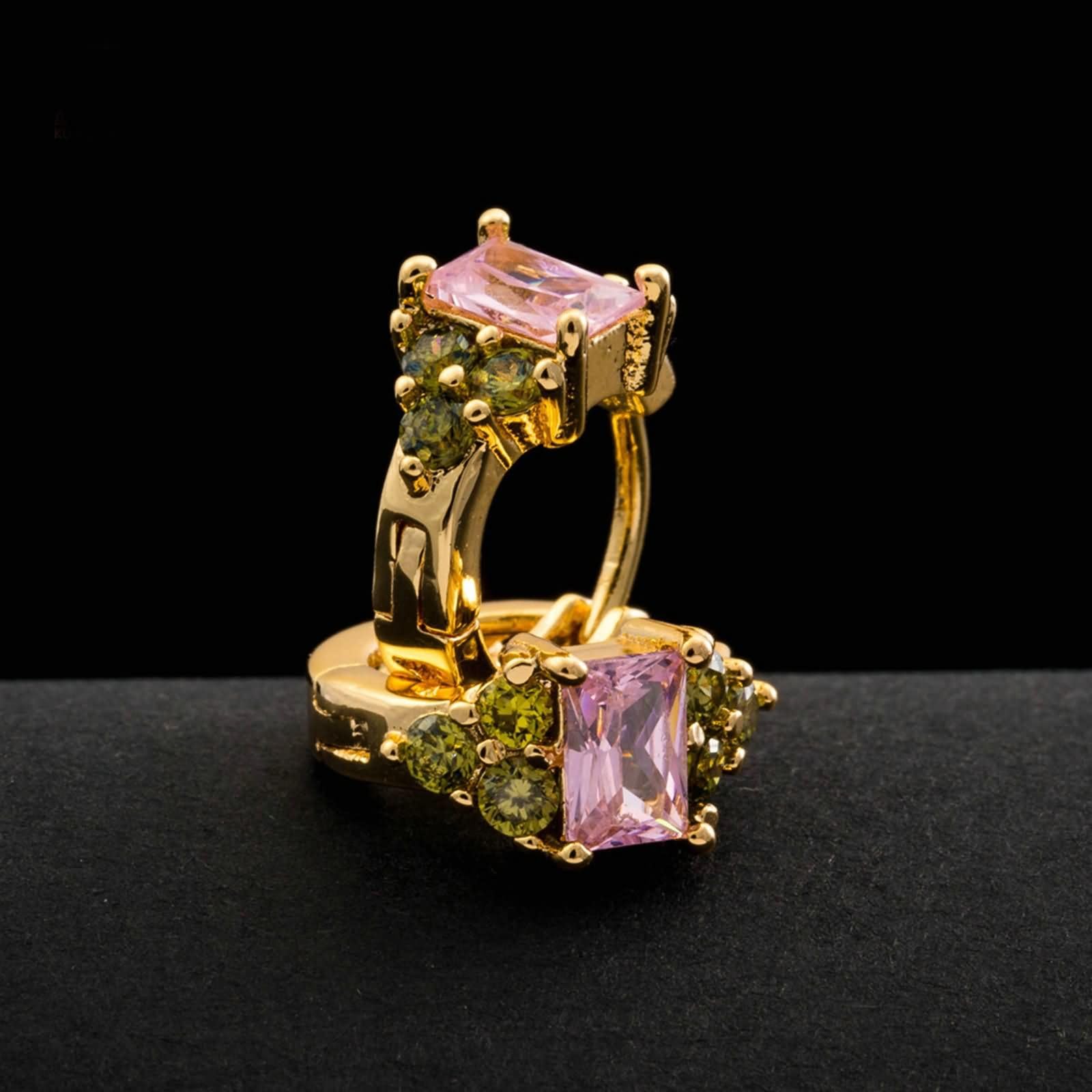 Pendientes en Oro Amarillo 9K / 14K / 18Kilates para Mujer, Rectángulo con Granate de Cristal Rosa, Aros Pendientes Mujer Boda Oro