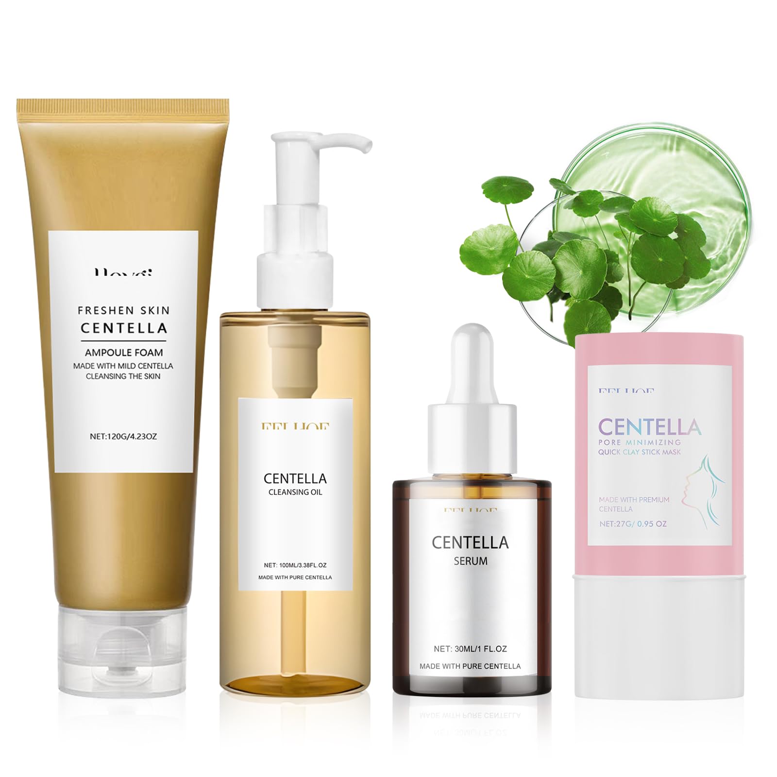 4 Pezzi Centella Kit, Centella Cleansing Oil + Centella Detergente Viso | Centella Siero Viso + Centella Stick Mask, Skincare Kit, Nutrire, Delicato e Leggero, per Pelli Sensibili