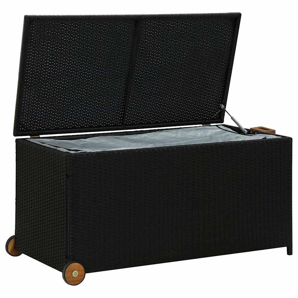 Garten-Auflagenbox Schwarz 120x65x61 cm Poly Rattan mit wasserdichtem Stauraum, Deckel und Rollen für Balkon Terrasse Outdoor, wetterfest und platzsparend zur Kissen Aufbewahrung