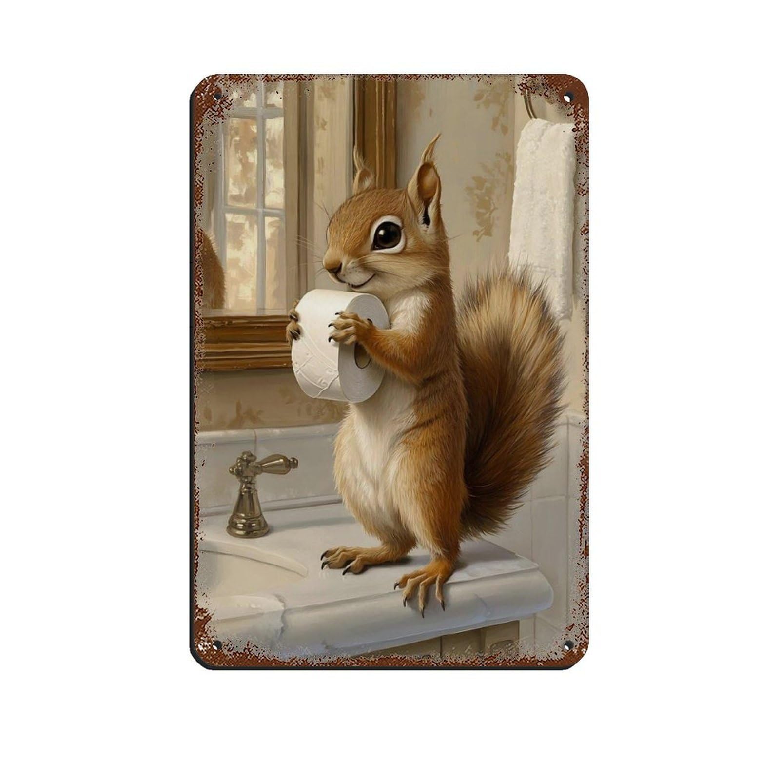 Squirrel Bathroom, Quirky Animal Decor Retro Poster Metal Tin Sign Chic Art Retro Iron Painting Bar People Cave Cafe Family Garage Poster Wall Decoration 8x12inch(20x30cm)