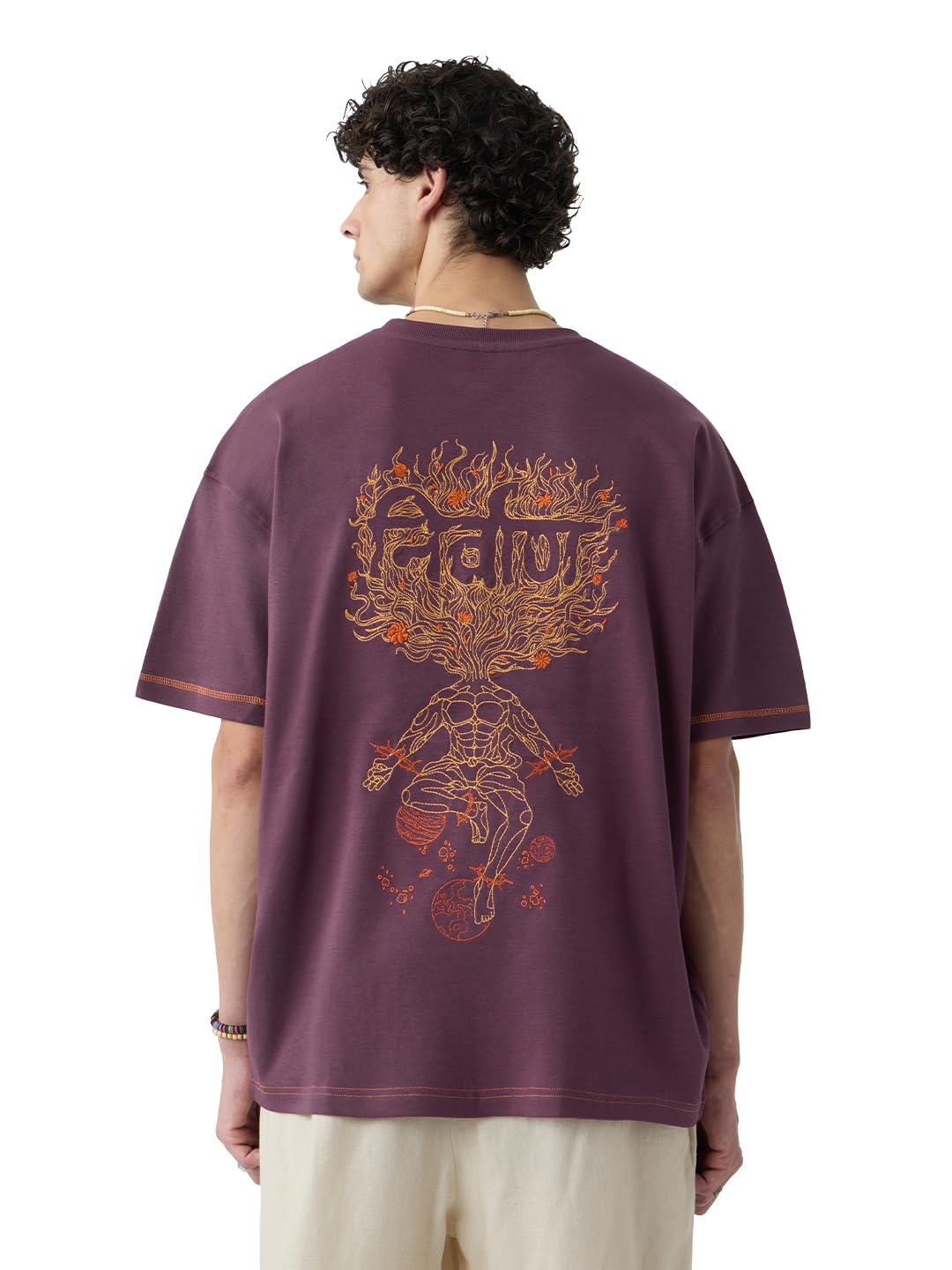 The Souled Store Desi Drop: Men and Boys Short Sleeve Round Neck Burgundy Embroidered Casual Lightweight Drop Shoulder Streetwear Trendy Cotton Oversized T-Shirt-picture-13