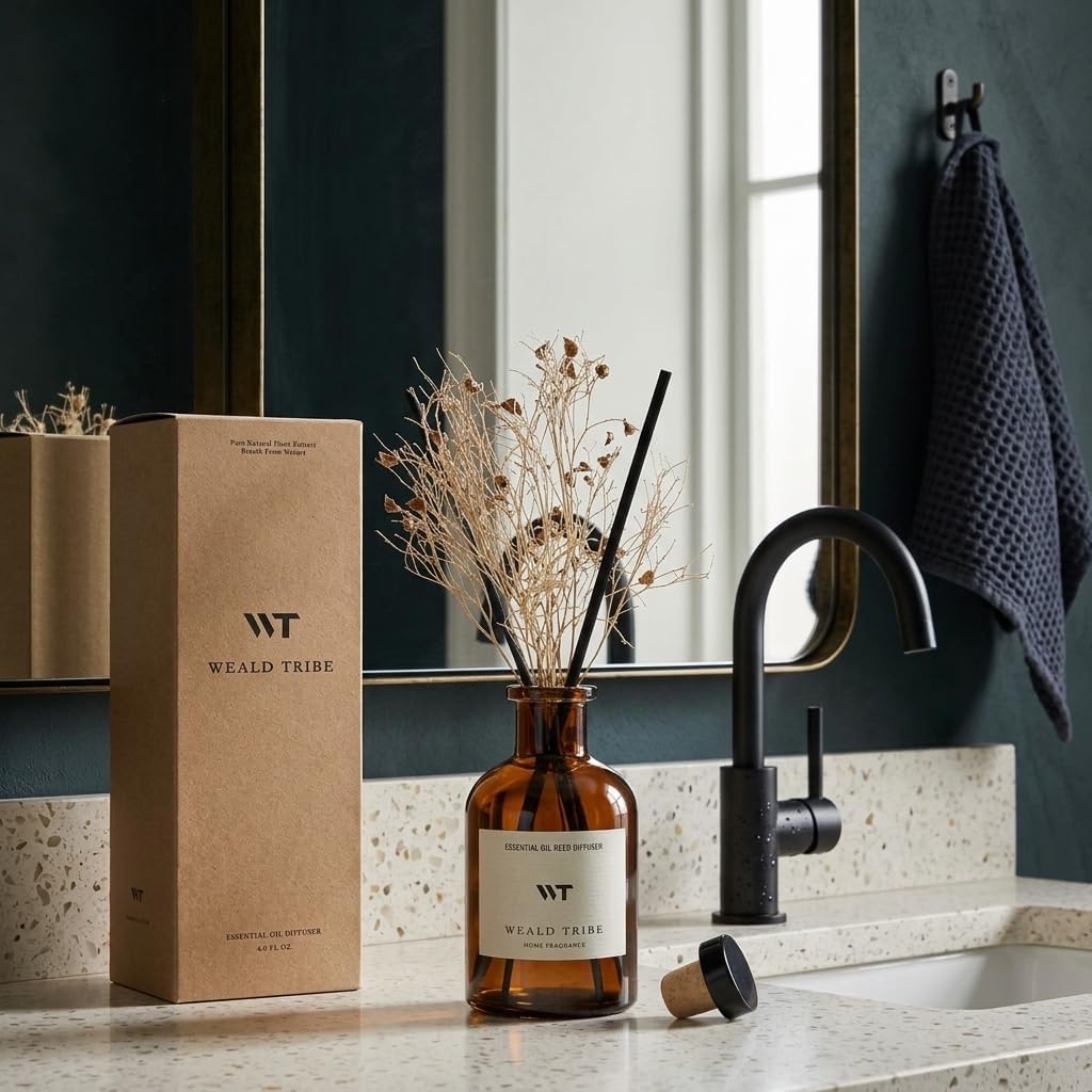 WEALD TRIBE Flower Reed Diffuser Set Clean White Linen Scent for Bathroom Air Fresheners | 4.0 fl oz Essential Oils with Sticks Home Fragrance Defusers | House Bedroom Office Shelf Decor & Gift