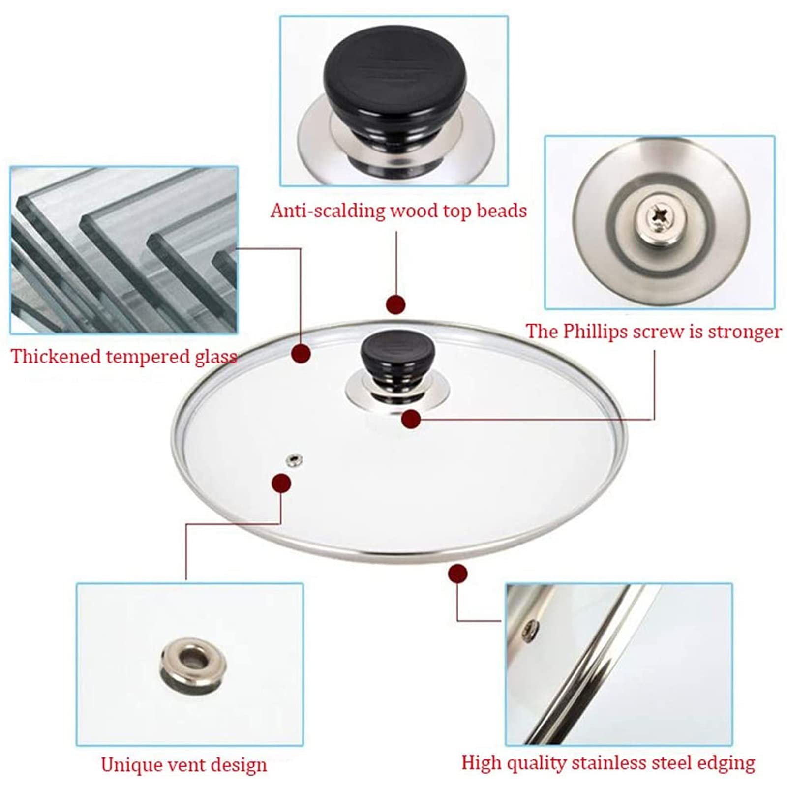 Pfannendeckel, Topfdeckel, gehärtetes Glas, mit Lüftungslöchern aus Edelstahlknopf, Verschiedene Größen für Töpfe (klar, 24 cm)