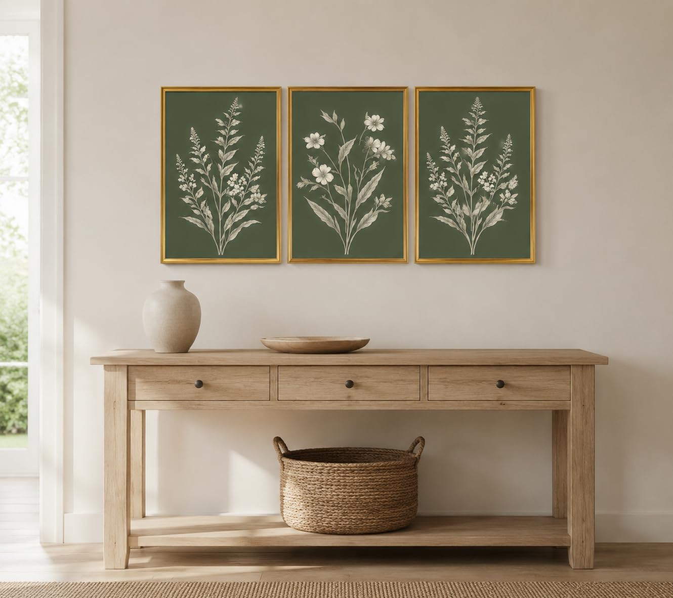 Tríptico botánico enmarcado de salvia verde para pared, 12 x 16 pulgadas