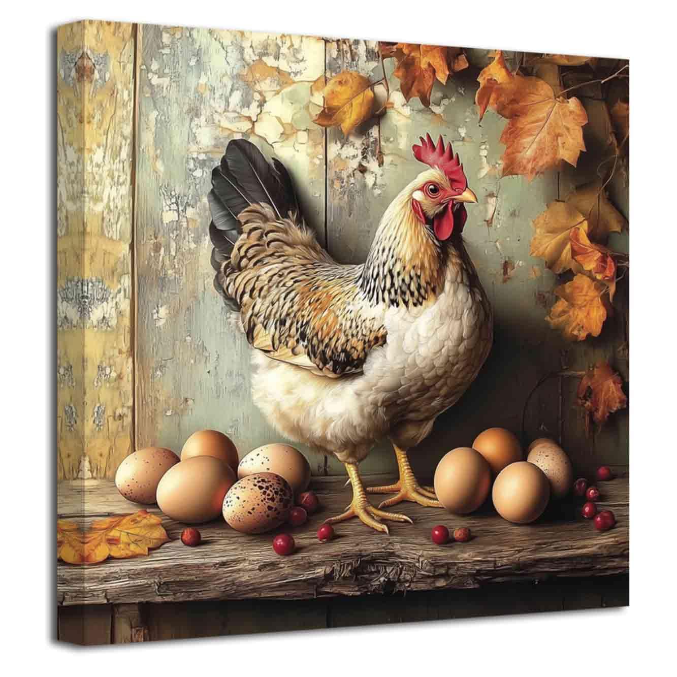 LZIMU Farm Chicken Wall Art Rooster Pictures Kitchen Wall Decor Rustic Farmhouse Canvas Prints Country Farm Coop Animal Painting Vintage Poster Cabin Framed (Brown, (12L x 12W))