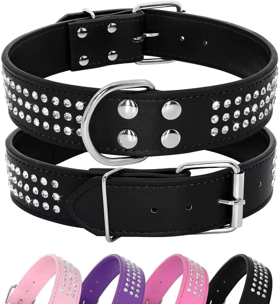 Rhinestones Dog Collar - 1.5" Width Leather Made with Sparkly Crystal Diamonds Studded - Shining Pet Appearance for Medium & Large Dog Walking,17"-20",Purple