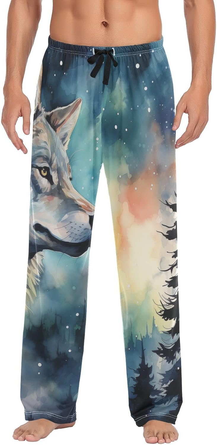 ALAZA Wolf Starry Sky Galaxy Men's Sleepwear Mens Pajama Pants Bottoms with Pockets, S