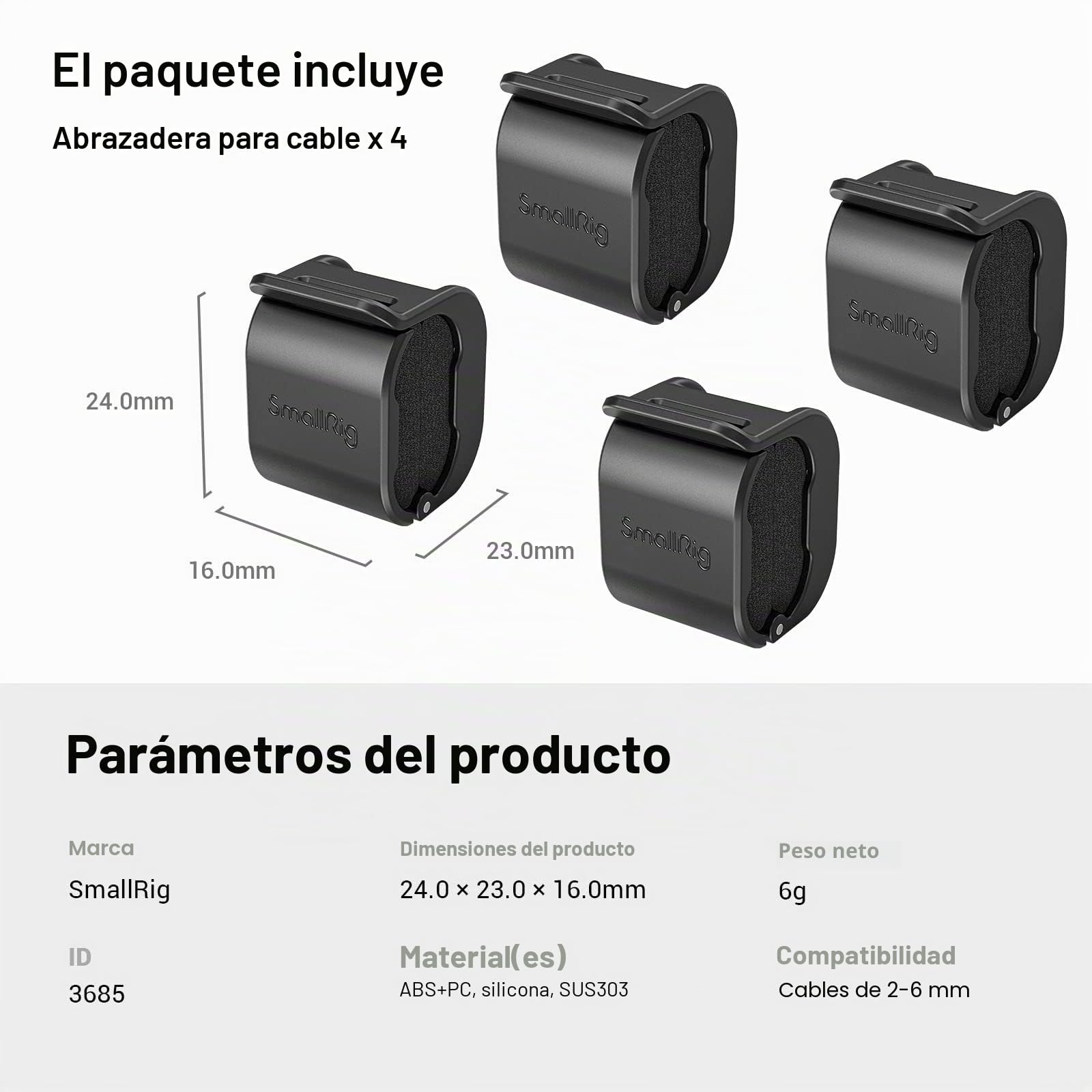 SMALLRIG Camera Cable Cave para Cable HDMI / SDI / Micrófono, Soporte de Bloqueo de Cable de Cámara DSLR 2-7 mm Cable (4 pcs) - 3685