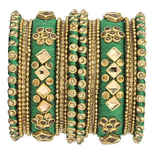 Aheli Ethnic Handmade Silk Thread Faux Stone Studded Bangle Set Chudha Indian Traditional Wedding Festive Wear Fashion Jewelry For Women (Green) #TOP6