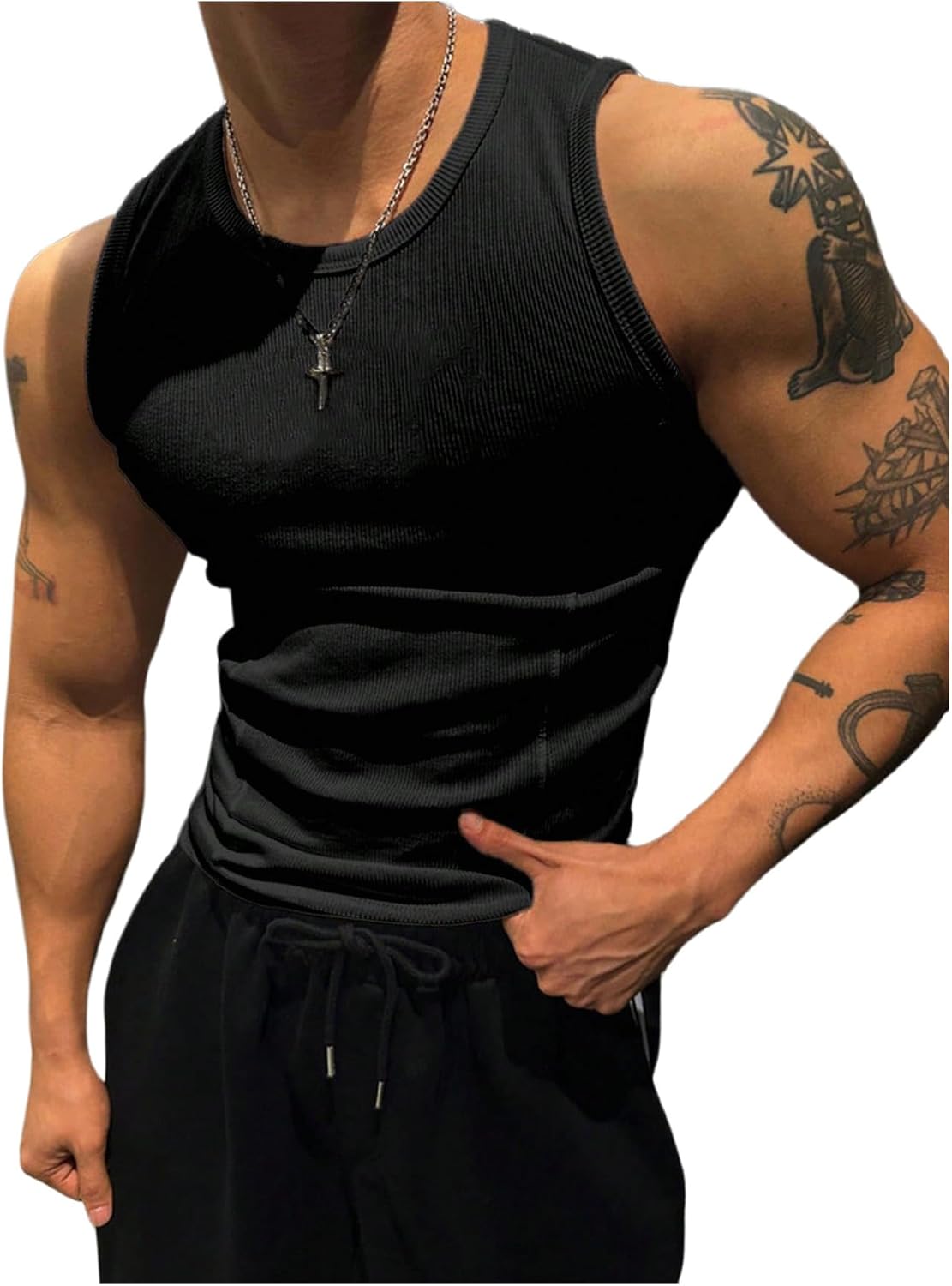 Men's Ribbed Sleeveless Tank Tops Crew Neck Slim Fit Gym Work Tank Undershirts Summer Tops