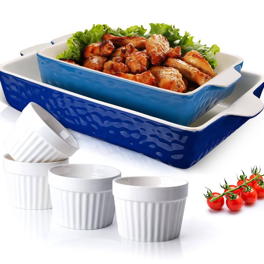 Ceramic Baking Dish and Ramekins Set Casserole Dish with Handles Packaging Upgrade Nonstick Ceramic Bakeware Ramekins Bowls for Baking Souffle, Cooking, Cakes, Lasagna & Gift, Blue