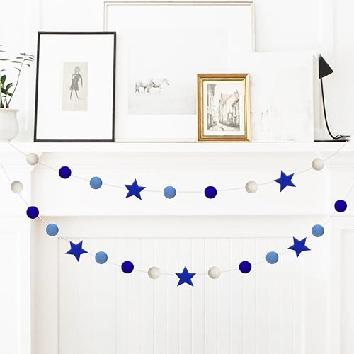 Guirnalda de bolas de fieltro de Hanukkah, guirnalda de pompones azul oscuro y blanco para fiesta judía de Janucá, para interiores y exteriores,