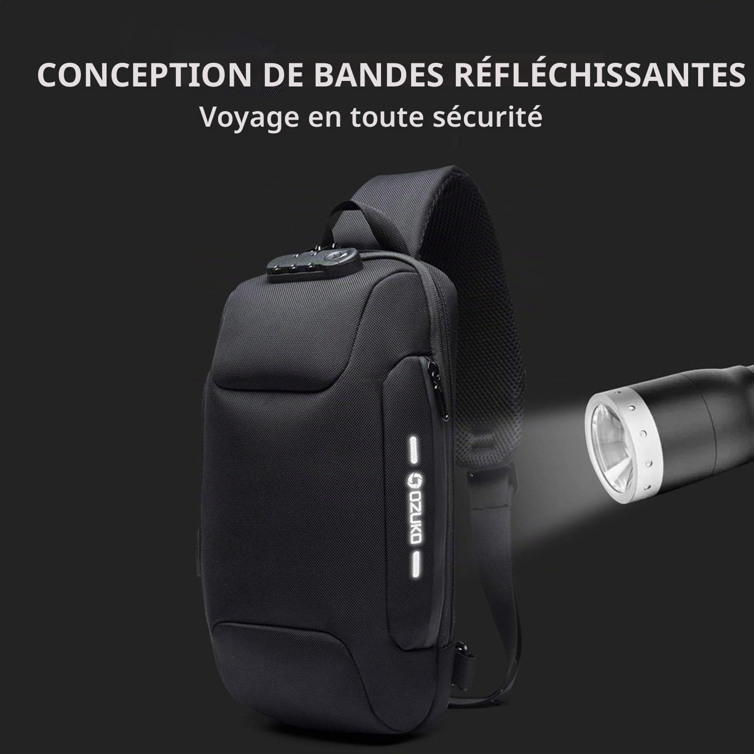 FANDARE Nouveau Sac de Poitrine Anti-vol Sac d'Epaule Sacoche Homme avec Verrou Mot de Passe,USB,Réfléchissante Sac Bandoulière Imperméable Sling Bag pour Cyclisme,Camping,Voyage Polyester