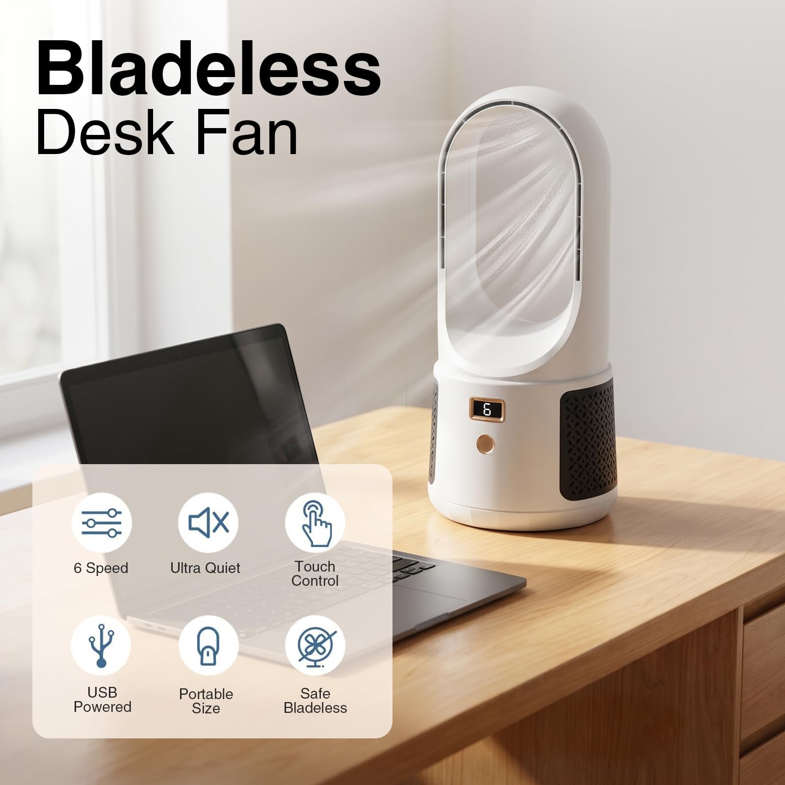 Ventilatore da tavolo senza pale - Ventilatore da scrivania silenzioso (bianco) | Display LED, 6 velocità, controllo touch, ventilatori senza pale per camera, ufficio, bambini e animali (bianco)