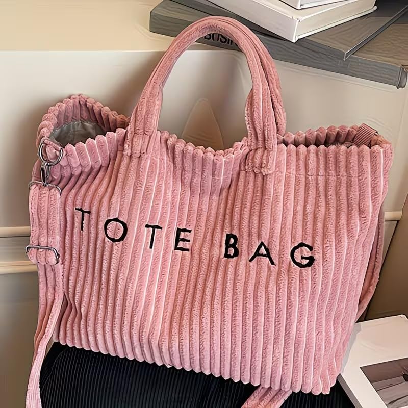 Image of Kawn Korean Tote Bag Aesthetic Corduroy Canvas Handbag for Women Zipper Casual Large Capacity Shoulder Bag with Pockets Versatile Everyday use for College Work Travel & Shopping