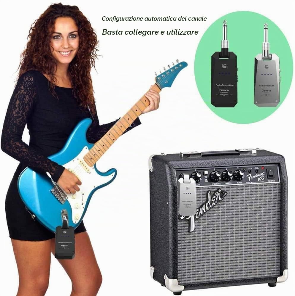 Sistema Wireless Chitarra 5.8 GHz – Trasmettitore e Ricevitore Anti-Interferenza, 4 Canali Indipendenti, wireless Acustico, Basso, Violino, Tastiera Strumenti Elettrici