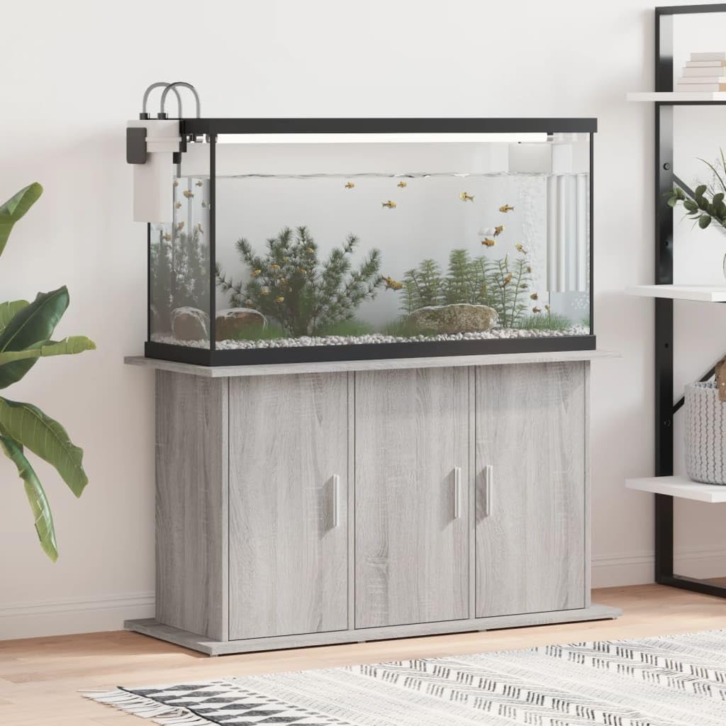 Soporte para acuario Sonoma gris de madera 101 x 41 x 58 cm, armario para acuario con 6 compartimentos y puertas, para peceras, armario de terrario como soporte estable con espacio de
