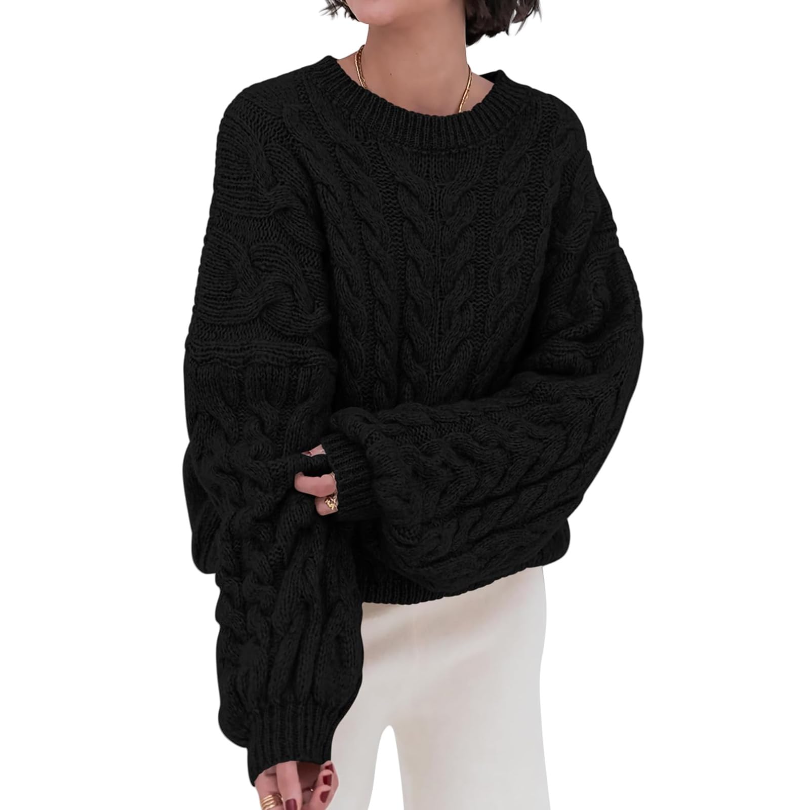 Womens Cable Knit Sweater Long Sleeve Crewneck Chunky Sweaters Loose Casual Pullover Sweater Fall Winter Warm Outfits