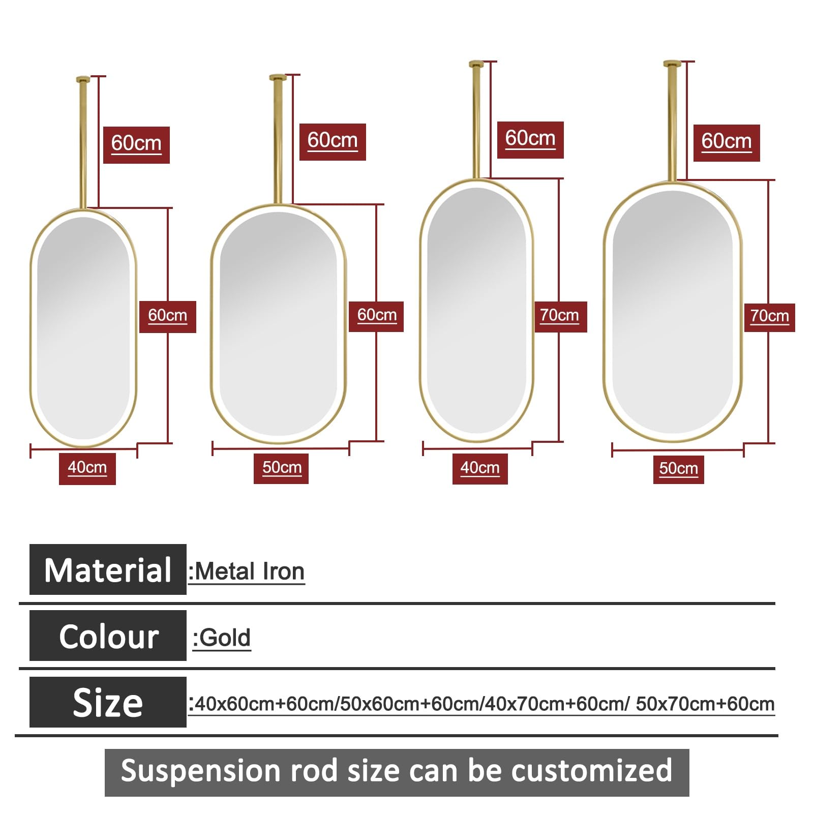 Specchio Ovale da Bagno con luci LED, Specchio a soffitto in Vetro temperato HD, Specchio da Parete per Trucco in Bagno, Camera da Letto, Soggiorno, Oro (40 cm x 70 cm)