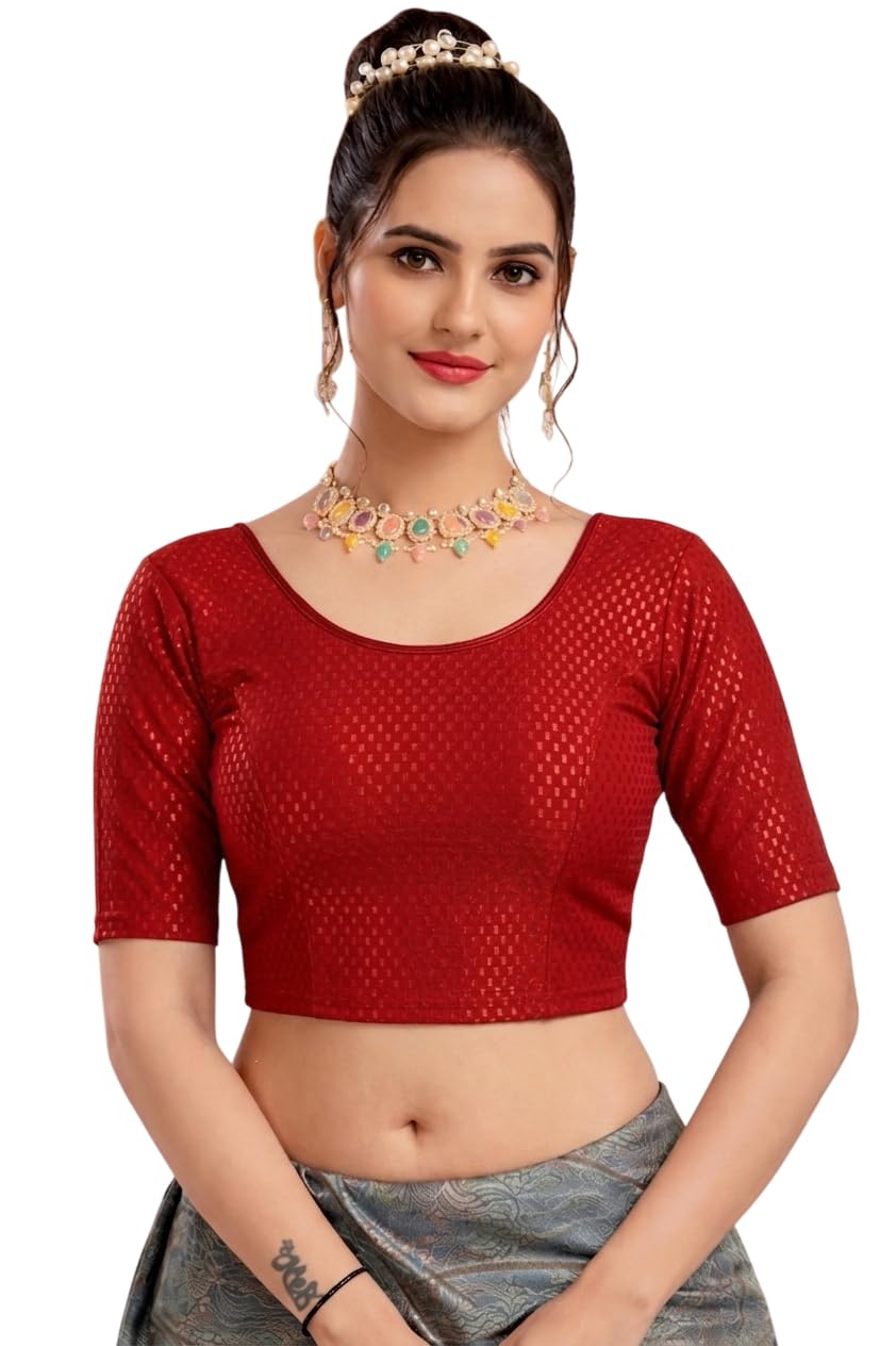 Round Neck Dobby Cotton Lycra Stretchable Blouse Readymade Elbow Half Sleeve Readymade Saree Blouse for Women Stylish-image-26