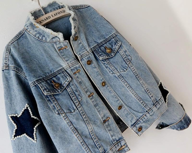 Kedera Women Pearls Beading Denim Jacket Long Sleeve Button Down Distressed Ripped Jean Coat - Image 3