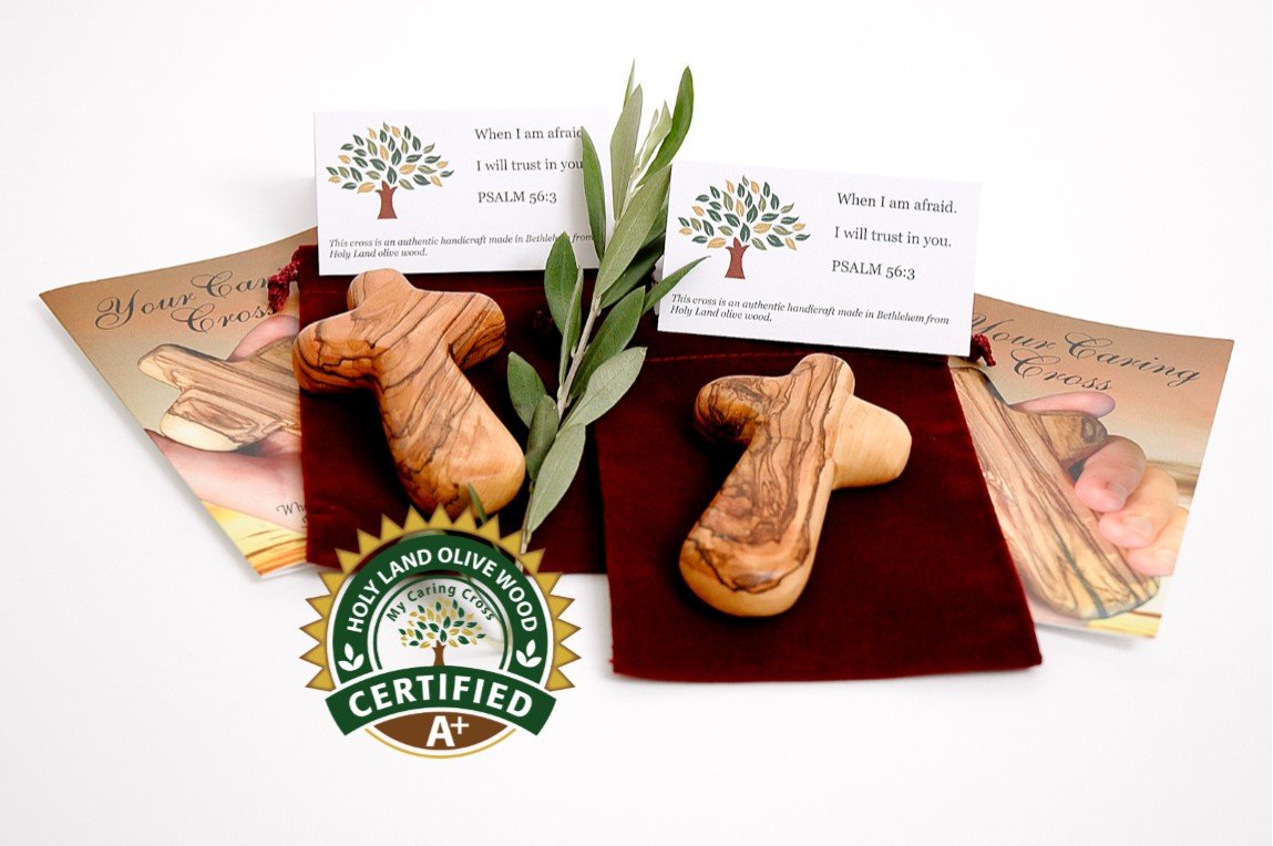 Olive Wood Caring/Holding Cross with Bag and Card (2, Grade A (Grain on one Side))