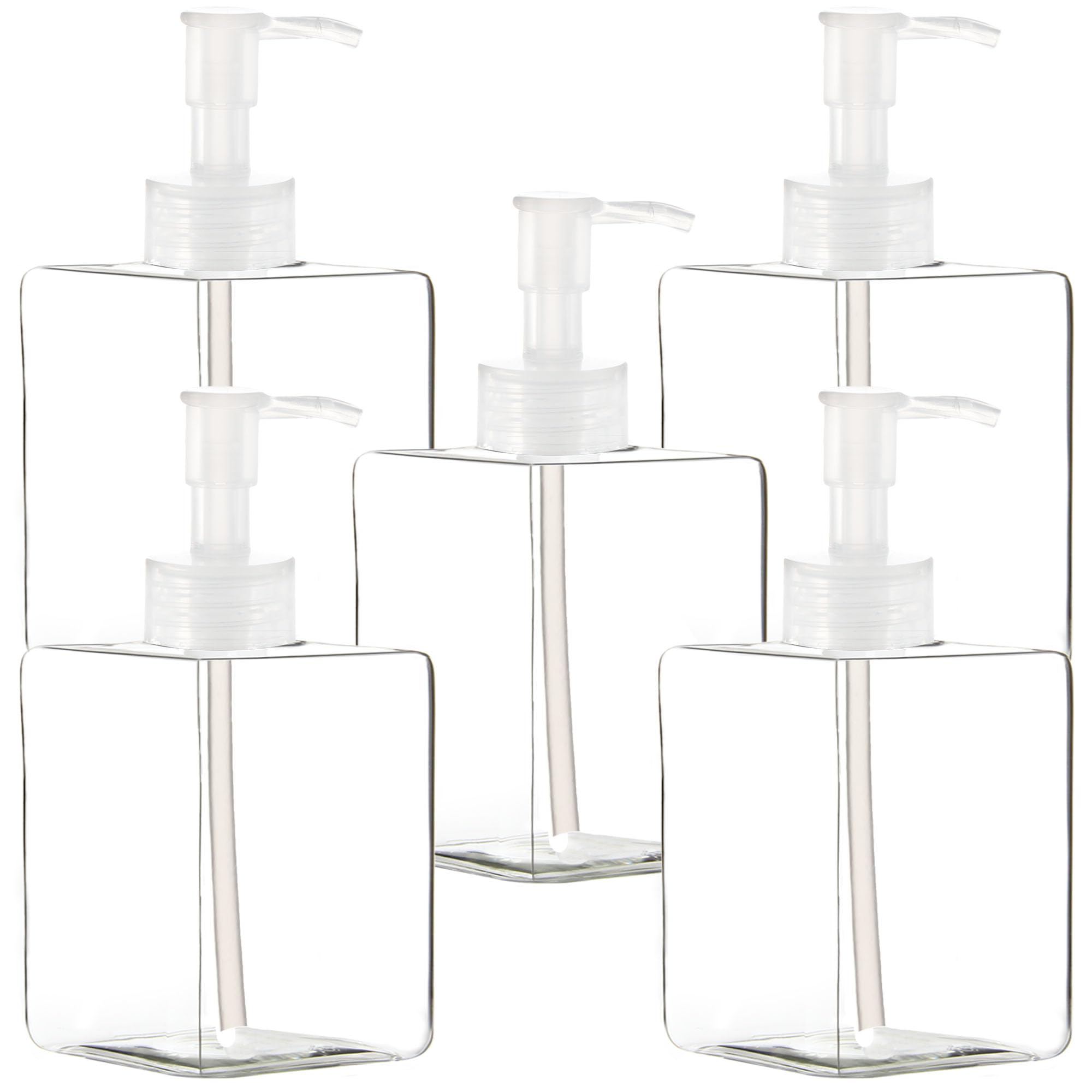 Youngever 5 Pack Clear Plastic Square Pump Bottles, Refillable Plastic Pump Bottles for Dispensing Lotions, Shampoos (12 Ounce Clear)