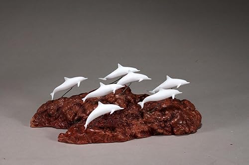 Dolphin School Sculpture by John Perry 8in Long Miniature Pellucida on Burl base