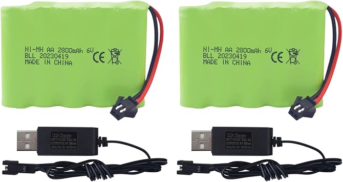 2PCS AA 6.0V 2800mAh SM-2P Plug Rechargeable Battery and USB Charging Cable for TB141 TB142 DE37 RC Car Toy Car Remote Control Excavator Truck Engineering Car Spare Batteries