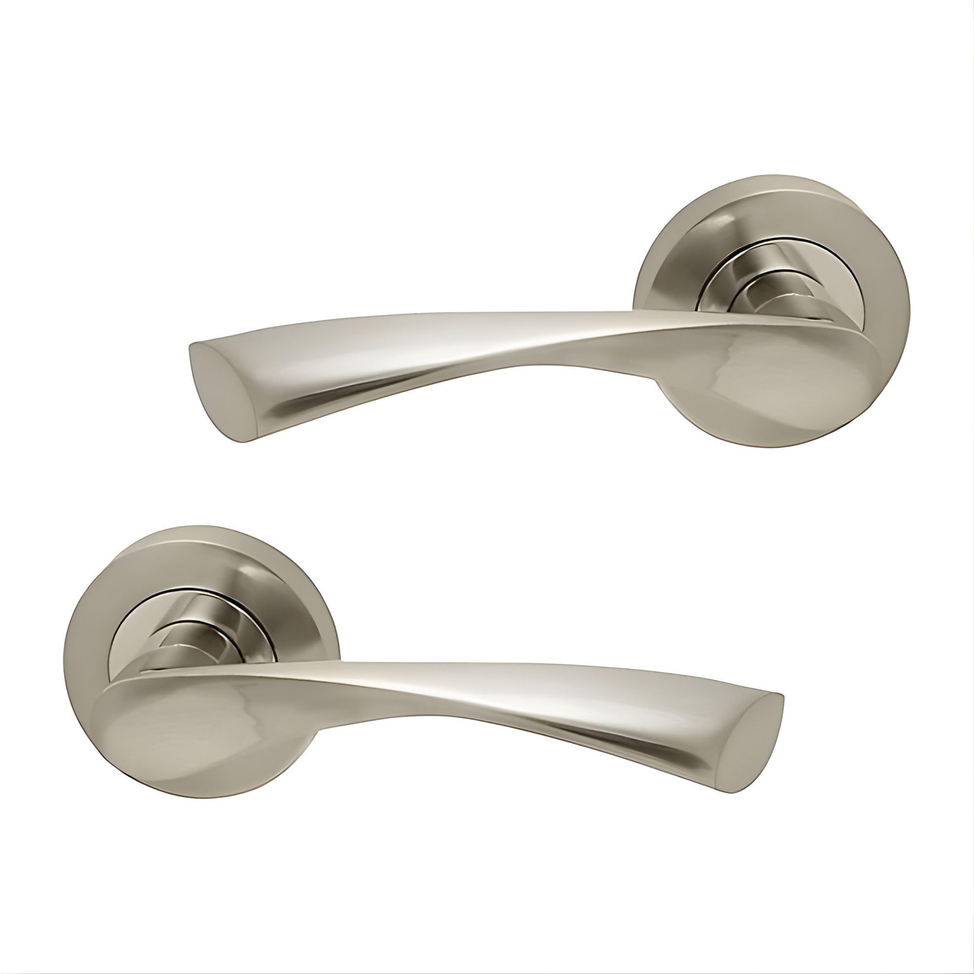 UAP E-Zeta Internal Door Handles On Round Rose, Satin Nickel Lever Handles for Interior Wooden Doors, Keyless Pair