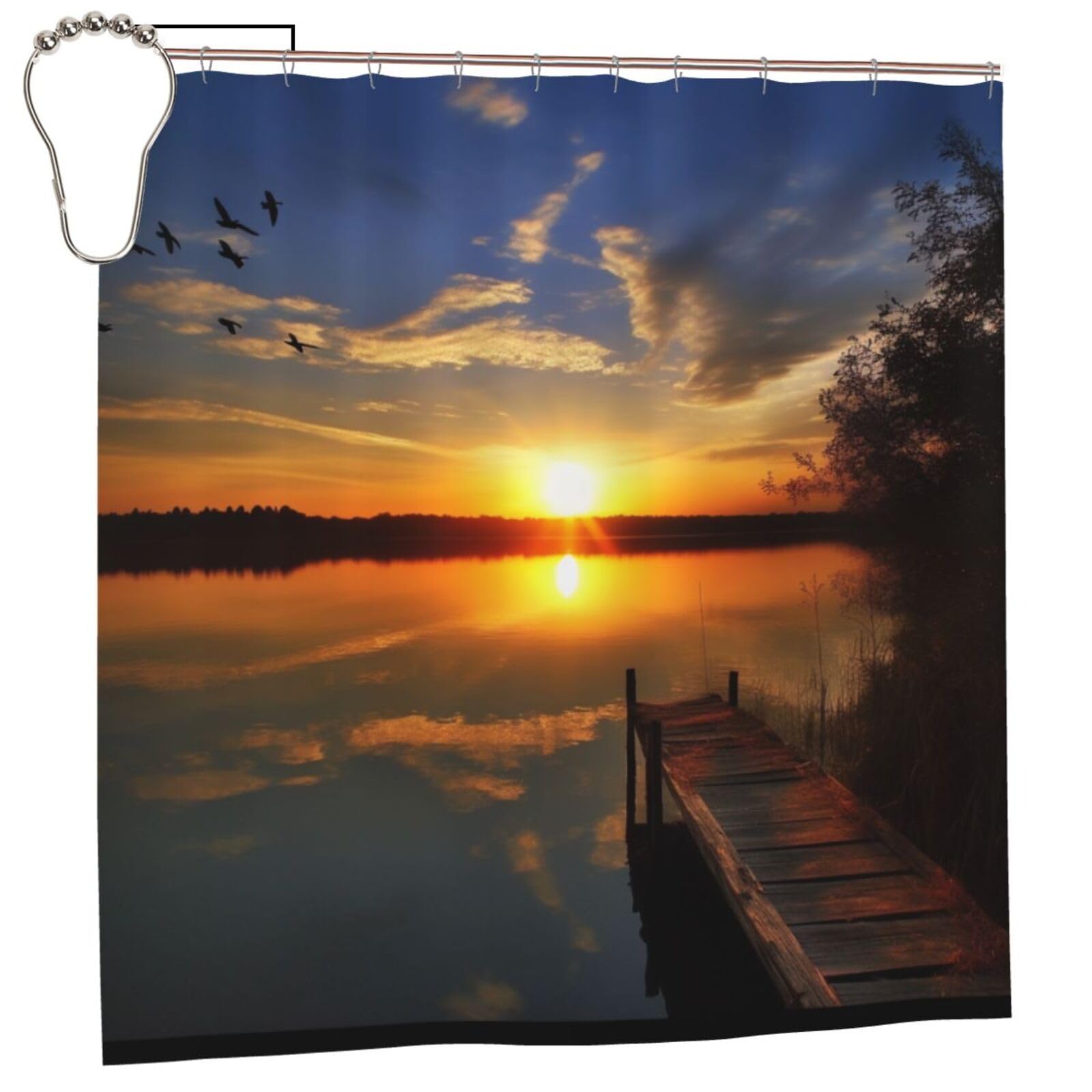 BWWHCCTI Lake under Sunset Printed Shower Curtain With 12 Iron Hooks Opaque Quick Drying Waterproof Shower Curtains Sets For Bathroom 183x183 CM