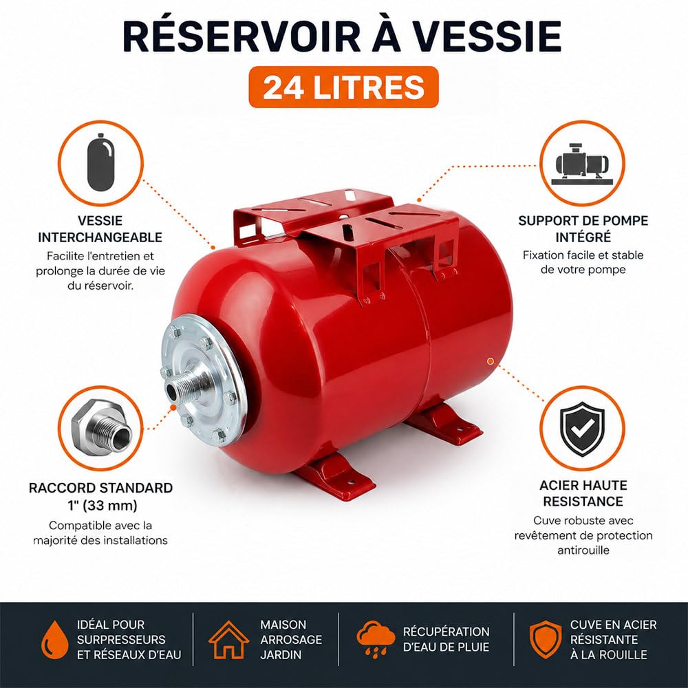 Réservoir Pression à vessie Horizontal - 24 litres