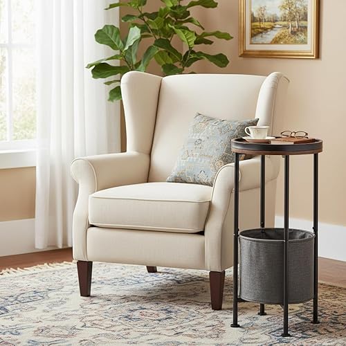 Miniatura 2 de Mesa auxiliar redonda pequeña con cesta de almacenamiento, mesa auxiliar redonda de 2 niveles para sala de estar y dormitorio, mesita de noche de 26