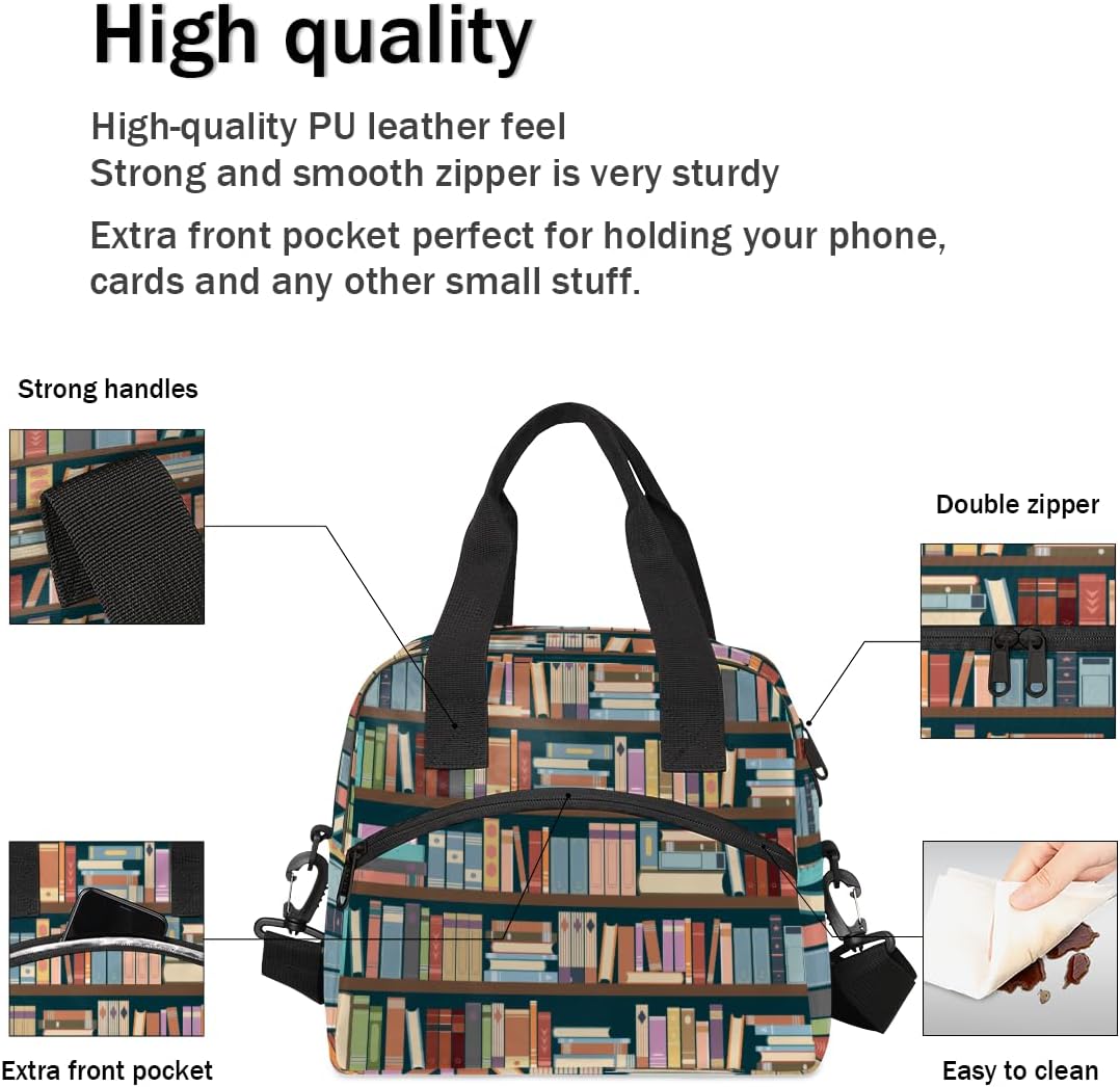 Bookshelf Lunch Bag Women Lunch Box for Women Adult Men Reusable Cute Lunch Box Tote Cooler Bags Insulated Portable Lunch Containers for Work, Office, Travel, Picnic - Image 3