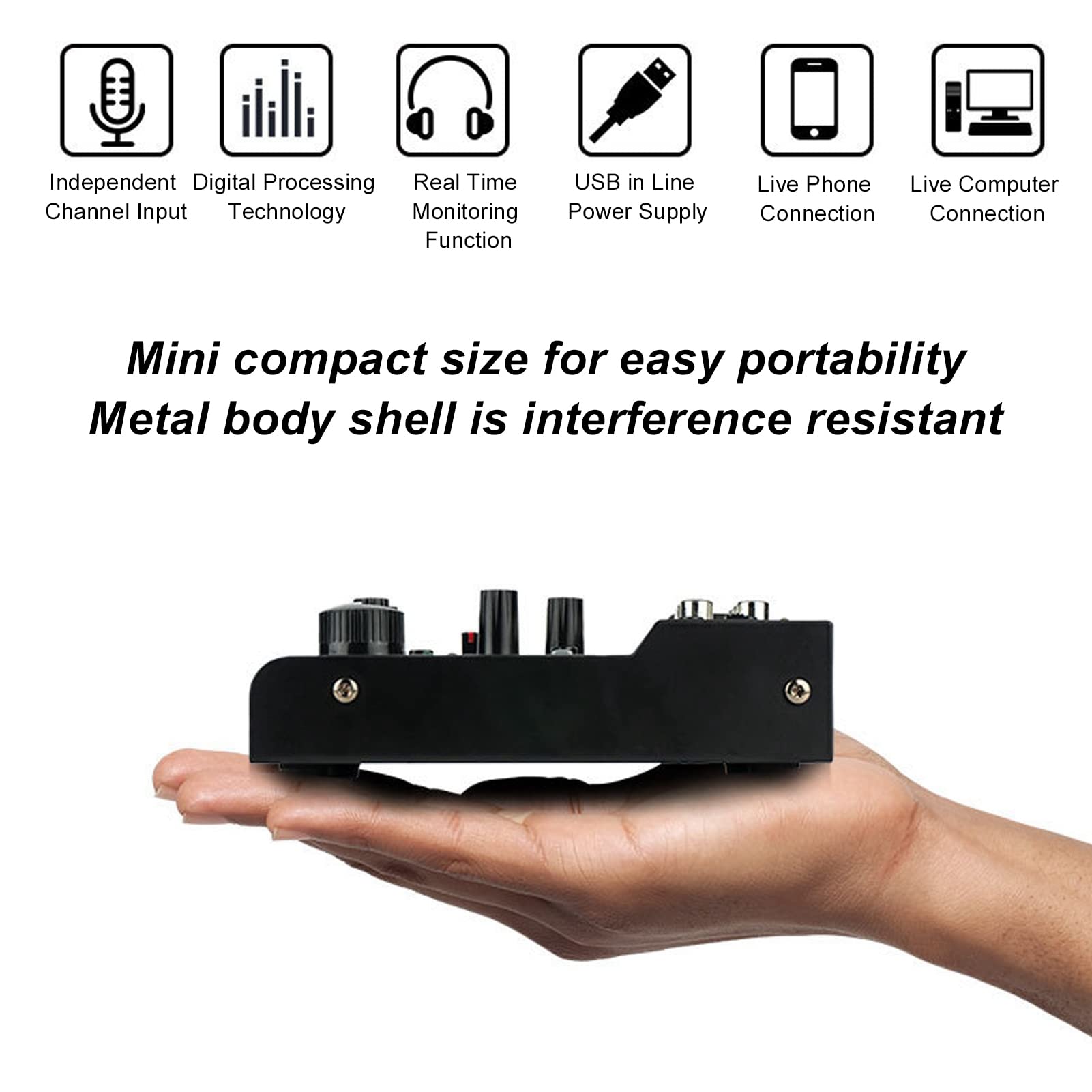 Acouto Kompaktowy Metalowy Mikser Cyfrowy Kontroler Miksera do Nagrywania na żywo z Efektami Zasilacz USB z Odpornym Mikserem Cyfrowym min. Kontroler Miksera AudioCyfrowy Mikser Dźwięku na żywoLive