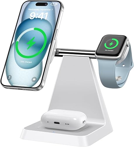 Miniatura 9 de Cargador inalámbrico magnético para iPhone - Estación de carga rápida 3 en 1 compatible con cargador MagSafe iPhone 16-12 Series Apple Watch AirPods