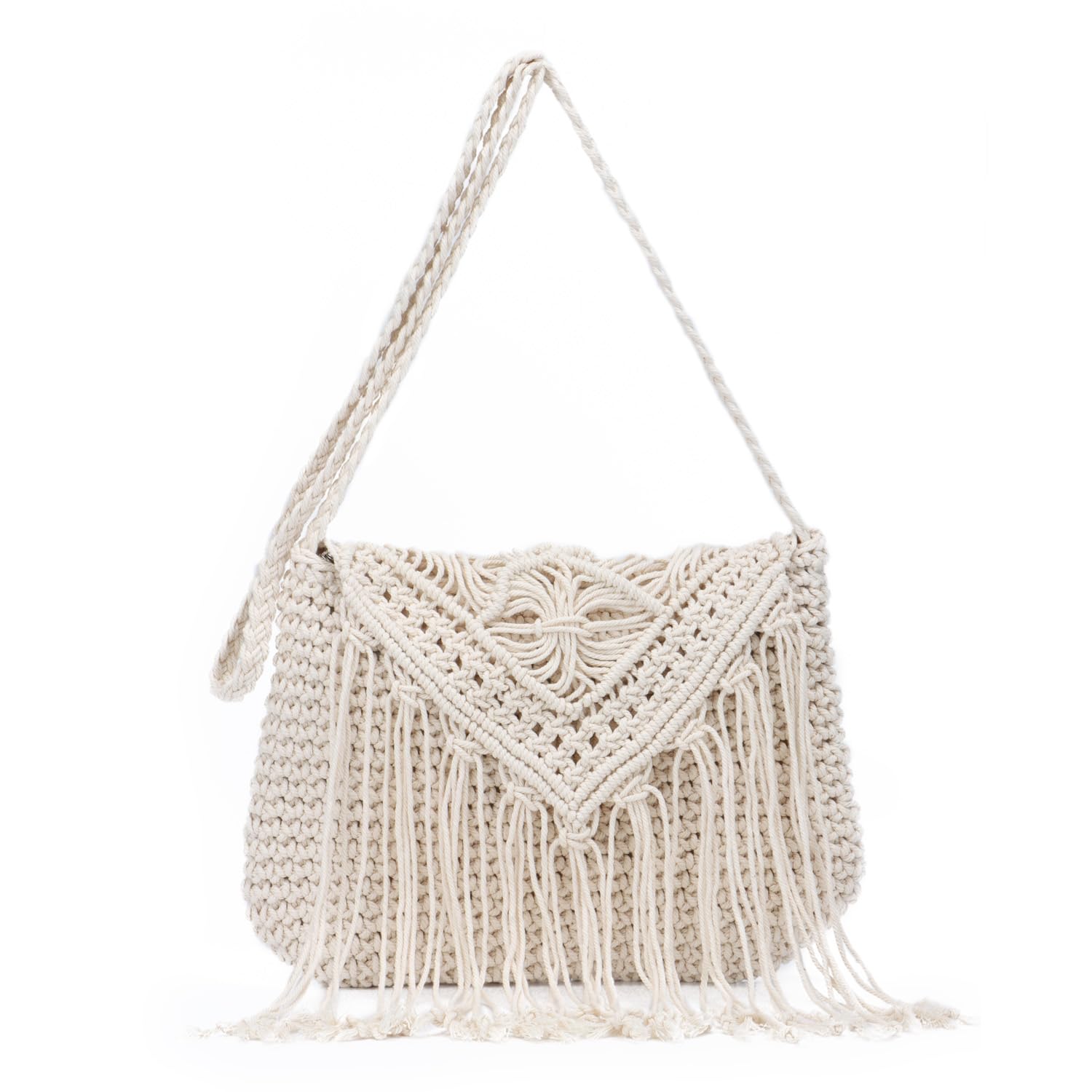 LUI SUI Crochet Tassel Shoulder Bag Handwoven Fringed Purse White Purse Summer Beach Bag Ethnic Boho Tassel Purse