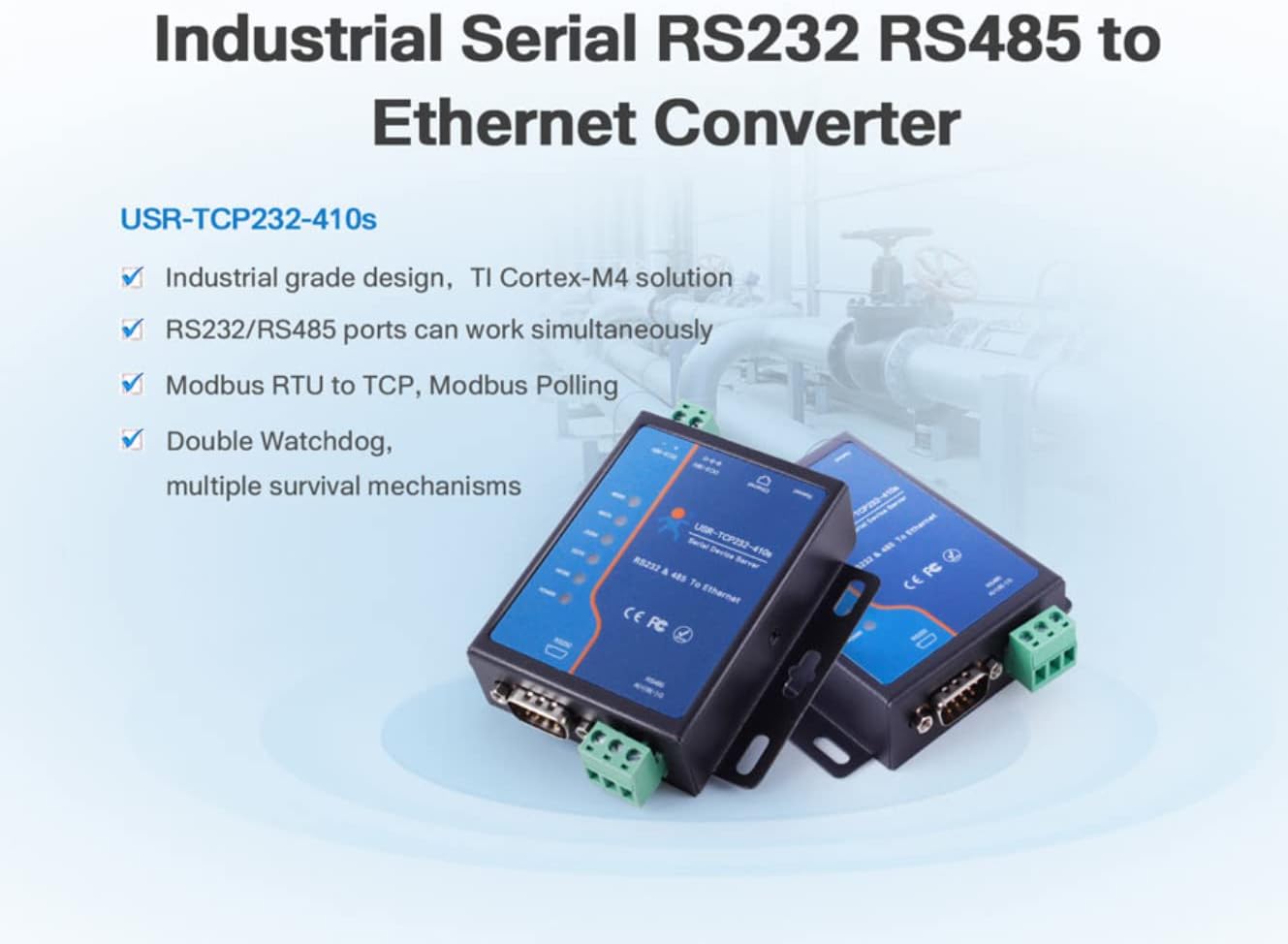 USR-TCP232-410S Serial to Ethernet Converter Support Modbus RTU & TCP Terminal Power Supply RS232 RS485 to TCP/IP Module