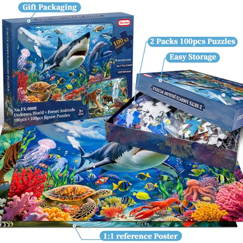 Sitodier Puzzles for Kids Ages 3 4 5 6, 2 Pack 100 Pieces Jigsaw Puzzles for Kids 3-5 4-6 (Forest Animals and Ocean Life), Learning & Educational Games Beautiful Xmas Birthday Gifts for Kid 3-8 miniatura 4