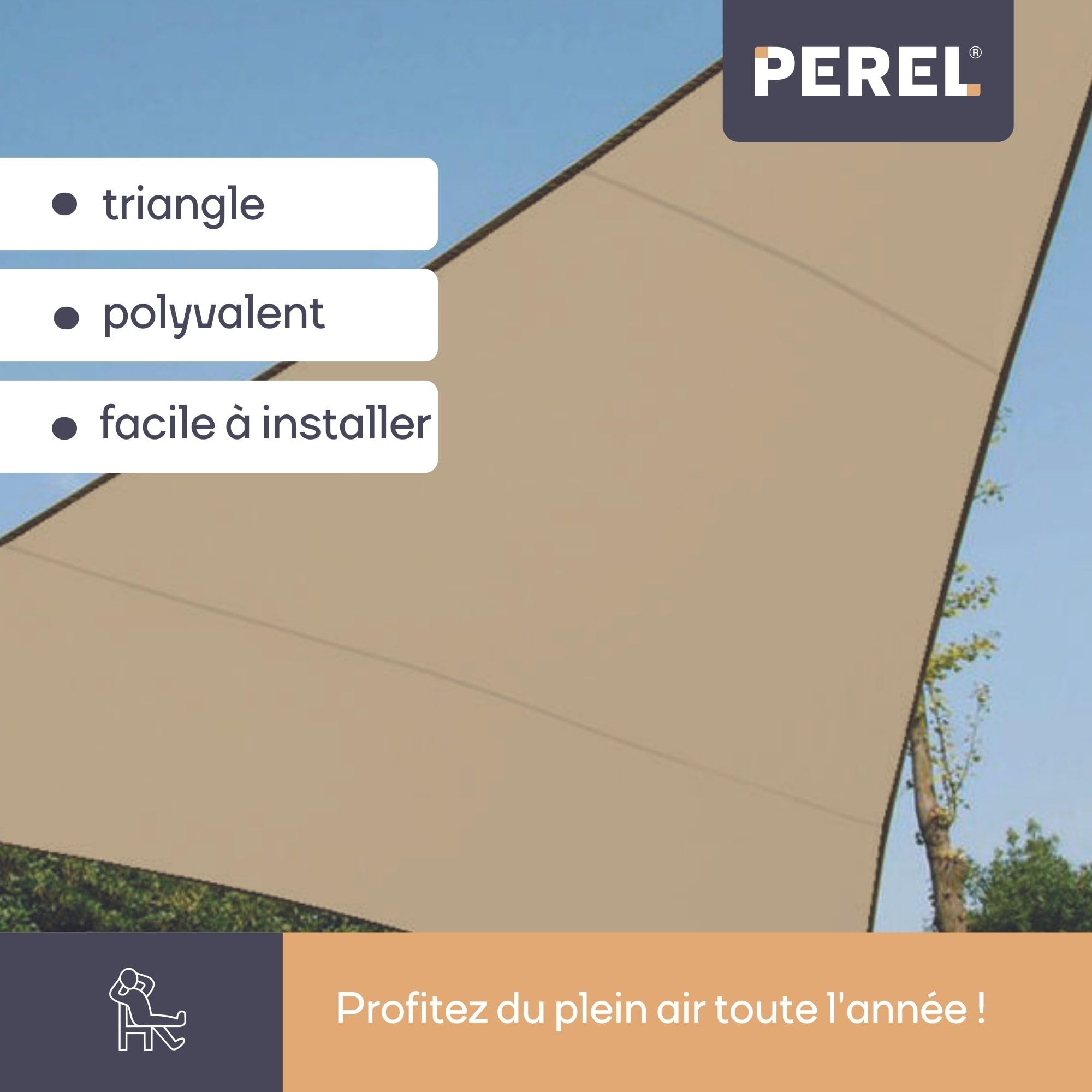 Perel Voile d'ombrage Triangulaire, 3,6 x 3,6 x 3,6 m, Polyester 180 g/m2, perméable à l'eau, Respirant, Protection UV, Jardin terrasse Balcon Piscine, Champagne, Anneaux INOX