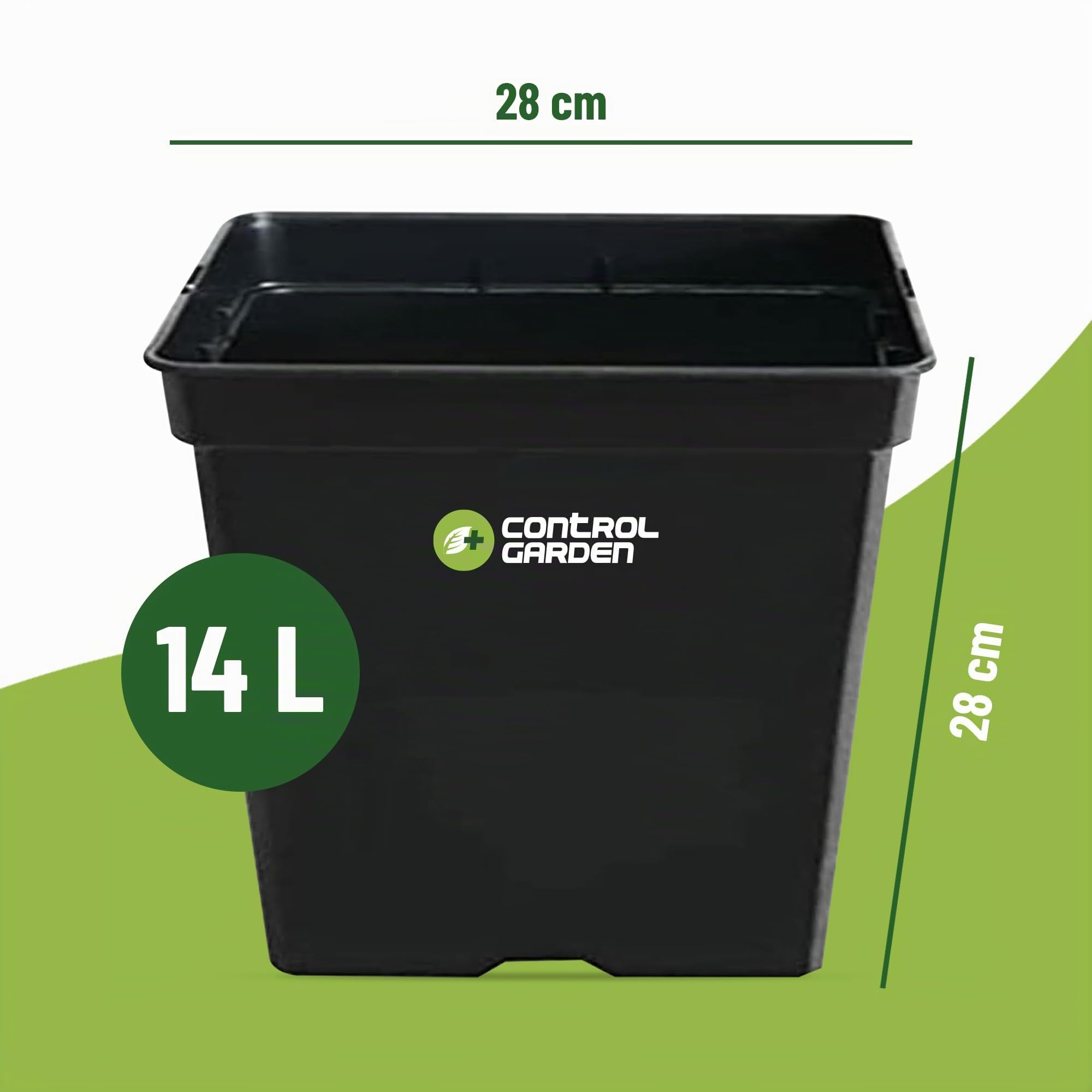 Control Garden Pack 20 Macetas Cuadradas para Plantas Negra 14 L - Maceteros de Plástico para Flores - Tiesto para Cultivos Resistente