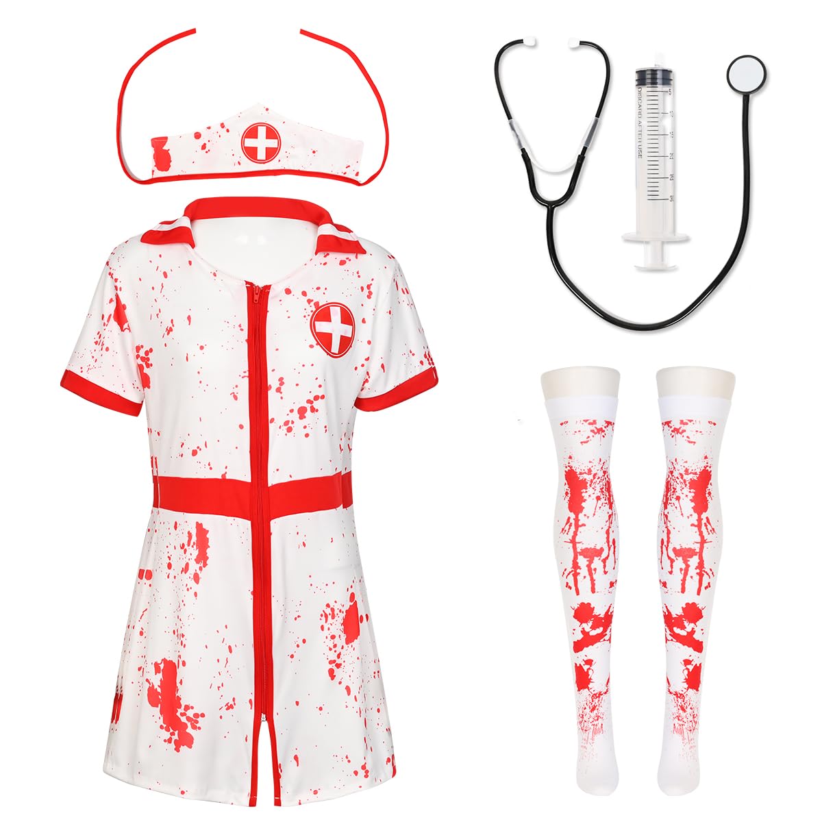 Bofeiya 5 Pcs nurse Halloween Costume -Bloody Stockings Fancy Dress, Nurse HatBloody socks for Women Girls Halloween Theme party Outfit (2XL)