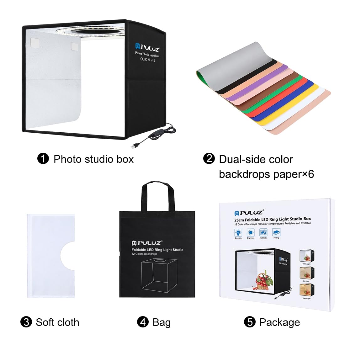 【25 cm 】 PULUZ Piccola scatola per foto da 9,8 pollici, pieghevole, portatile, per studio fotografico, studio fotografico, scatola con sfondo di 12 colori, High 97 CRI Ring Light
