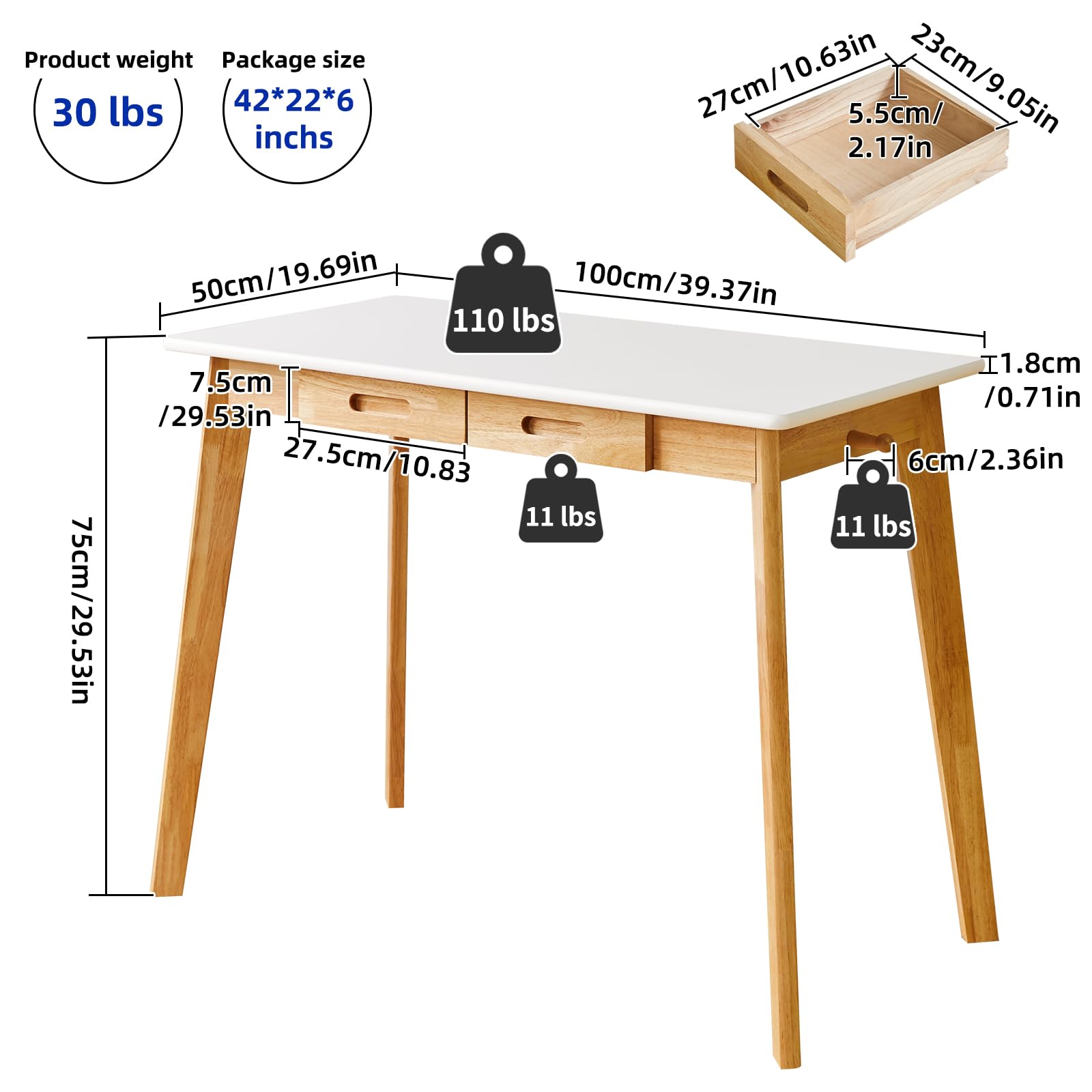 Aibiju Piccola Scrivania per Computer, Scrivania in Legno con Cassetto e asta Pensile, Scrivania da Studio, Scrivania da Lavoro, Tavolo da Pranzo in Legno Bianco + Gambe in Legno Naturale YD-WD01WN