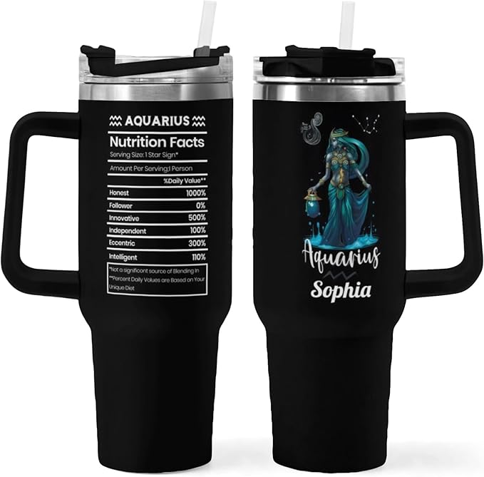 Personalized 40oz Aquarius Name Zodiac Sign Nutrition Facts Stainless Steel Insulated Vacuum Tumbler Mug Water Bottle with Handle,3 Lids,Straw,Travel Coffee Constellation Cup,Gift for Women(Lid-01)
