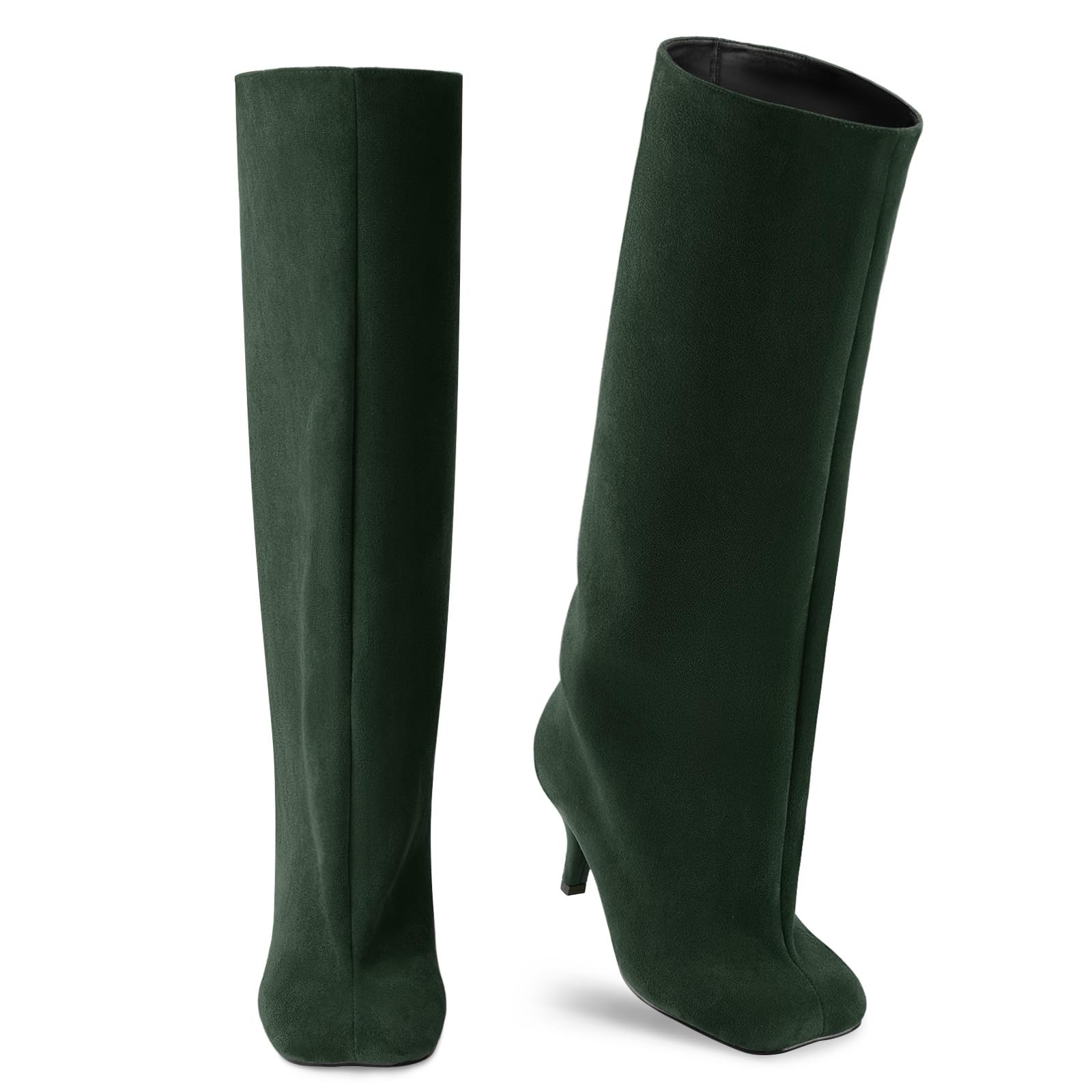 Oh Mispares Women's Nude Suede Knee High Boots - Square Toe Wide Calf Stiletto Low Heels - Fashionable Kitten Heel Pull-On Tall Winter Boots for