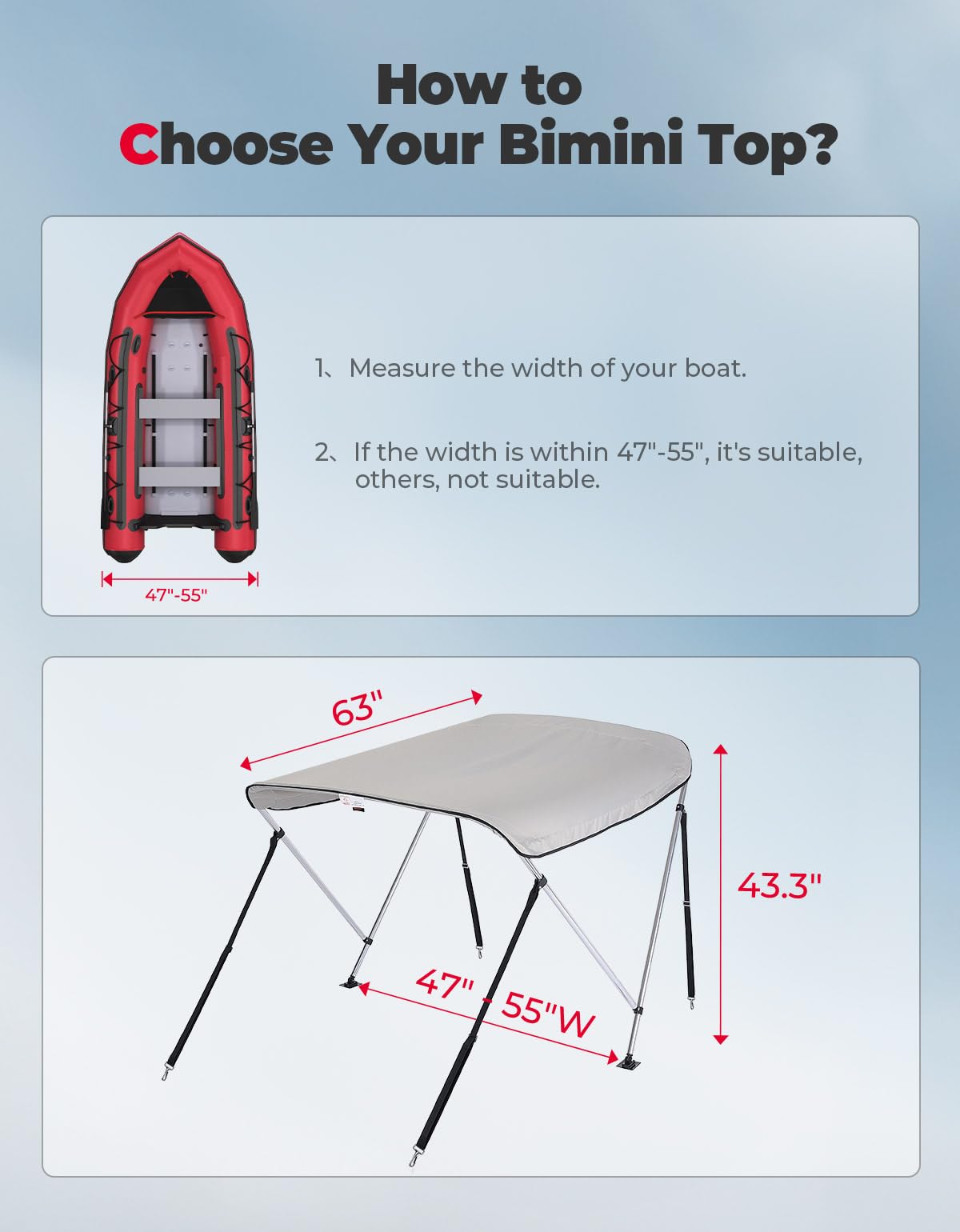 KEMIMOTO Bimini Top Bootsabdeckung Sonnenverdeck, Bootsverdeck Sonnendach Sonnensegel Sonnenschutz, Grau, 161 L*119-139 W*110 H cm