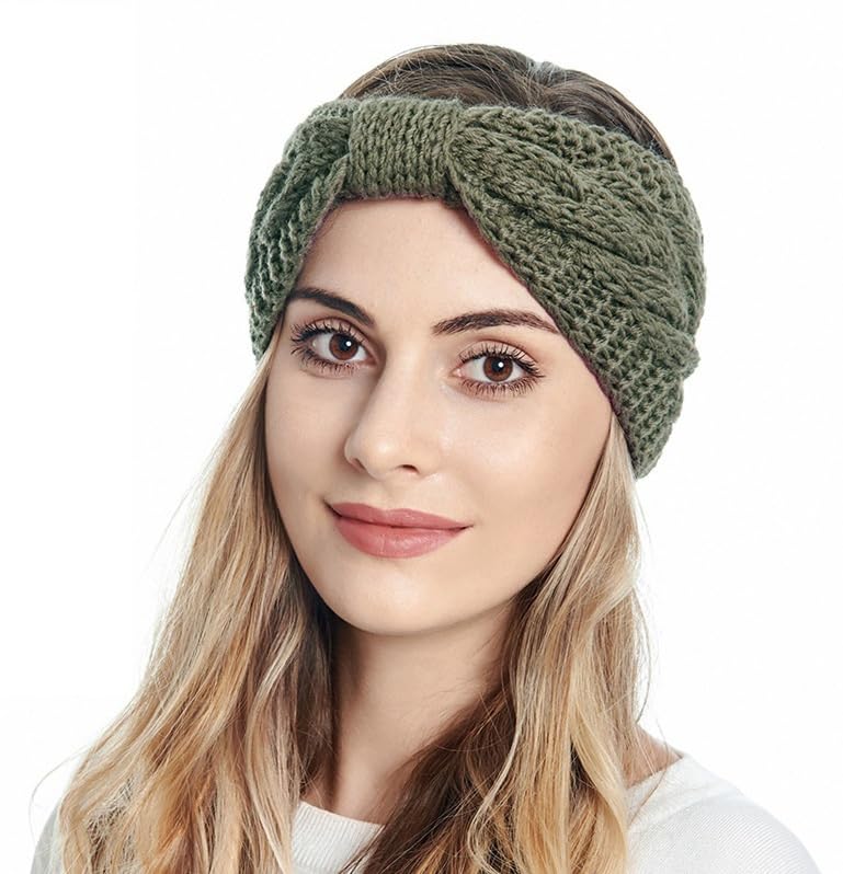 alexvyan Green Bow Design Woolen Winter Head Warmer Headbands for Women Wool, Ear Warmers Headband Knitted Thick Cold Weather Warm Ear Muffs Winter Protector-picture-15