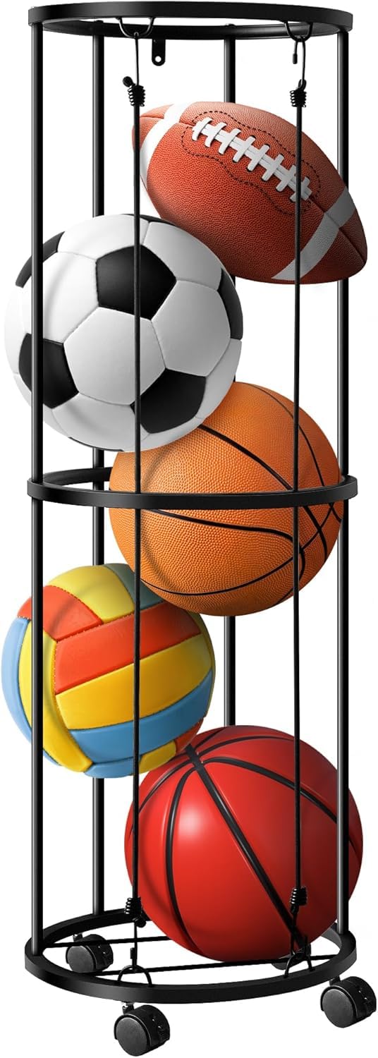 INDIDECOR 57165 Space Saving Vertical Ball Racks- 40x13.2 Inch Rolling Basketball Holder Wall Mount-Garage Sports Ball Storage for Indoor Rooms and Gyms - Black